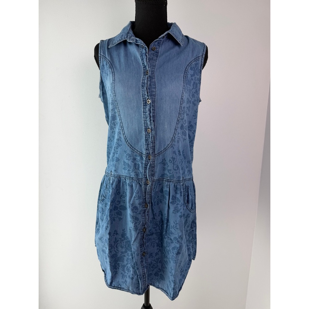 Y2K Levi's Vintage Denim Shirt Dress Medium Blue Floral Print Sleeveless M